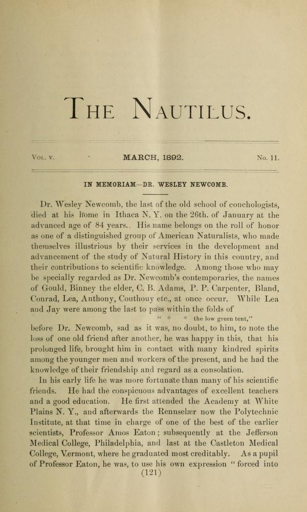 Media type: text; Wright 1892 Description: The Nautilus, vol. V, no. 11;